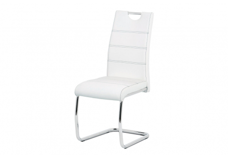 Jídelní židle, potah bílá ekokůže, černé prošití, kovová pohupová podnož, chrom