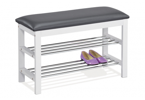 Botník / taburet, 2 police, potah šedá ekokůže, masiv kaučukovník, bílý lak