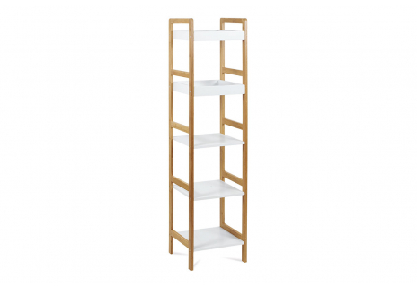 Regál, 5 polic, masiv bambus, přírodní odstín, MDF, bílý matný lak, nosn. 15 kg