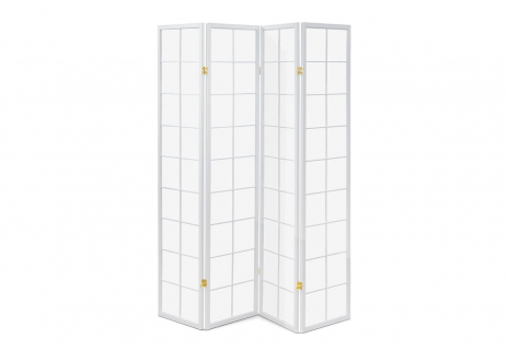 Paraván dřevěný 4 dílný, masiv smrk, bílá netkaná textilie, bílý matný lak