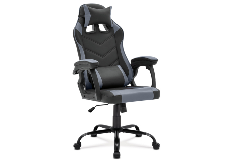 Herní křeslo, šedá a černá ekokůže, houpací mech., opěrák 135°