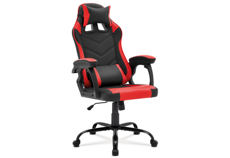 Herní křeslo, červená a černá ekokůže, houpací mech., opěrák 135°