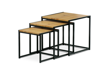 Set 3 ks odkládacích stolků, MDF, dekor divoký dub, kov, černý lak