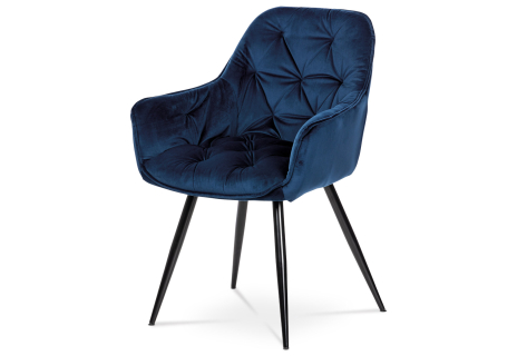 Jídelní židle, potah modrá sametová látka, kovová 4nohá podnož, černý lak
