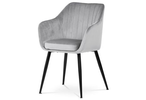 Jídelní židle, potah stříbrná matná sametová látka, kovové nohy, černý matný lak