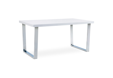 Jídelní stůl 150x90 cm, MDF deska, bílý vysoký lesk, chromovaná podnož