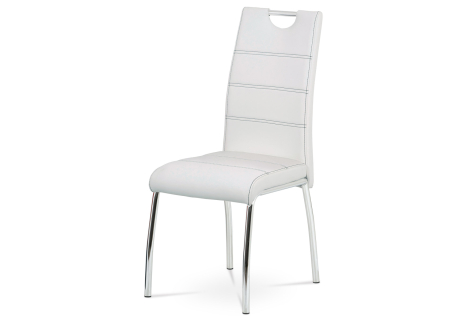 Jídelní židle, potah bílá ekokůže, černé prošití, kovová čtyřnohá chromovaná pod