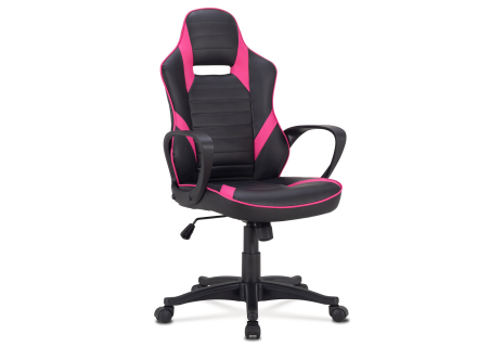 Herní křeslo, potah kombinace černé a růžové ekokůže, houpací mechanismus
