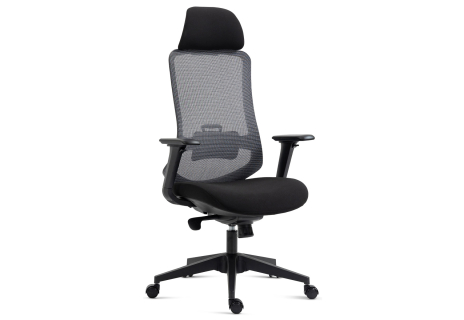 Kancelářská židle, černý plast, černá látka, 4D područky, kolečka pro tvrdé povrchy, houpací mechanika s polohovou areta