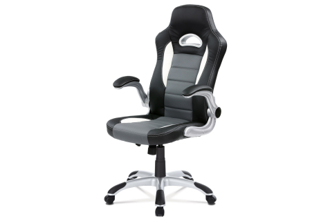 Sportovní herní křeslo, potah šedá, bílá a černá ekokůže, odklápěcí područky, HM