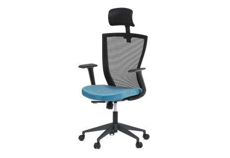 Kancelářská židle, černá MESH síťovina, světle modrá látka, houpací mechanismus, plastový kříž, kolečka pro tvrdé podlah