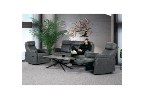 Relaxační sedačka 3+1+1, potah šedá látka v dekoru broušené kůže, funkce Relax I/II s aretací