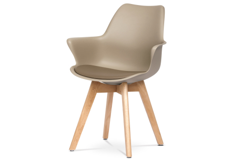 Židle jídelní, cappucino plastová skořepina, sedák ekokůže, nohy masiv přírodní buk