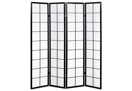 Paraván dřevěný 4 dílný, masiv smrk, bílá netkaná textilie, černý matný lak