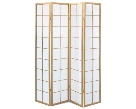 Paraván dřevěný 4 dílný, masiv smrk, bílá netkaná textilie, přírodní odstín