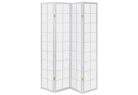 Paraván dřevěný 4 dílný, masiv smrk, bílá netkaná textilie, bílý matný lak