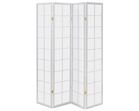 Paraván dřevěný 4 dílný, masiv smrk, bílá netkaná textilie, bílý matný lak