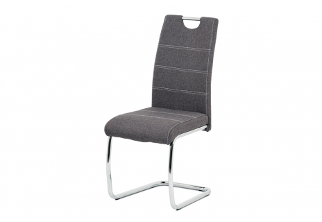 Jídelní židle, potah šedá látka, bílé prošití, kovová chromovaná pohupová podnož