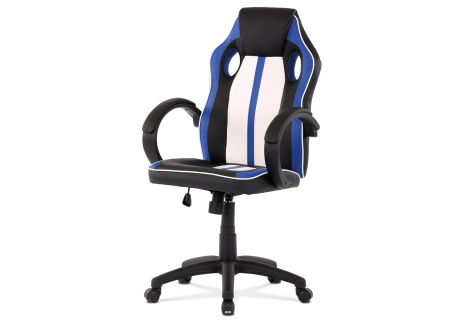 Herní židle, modrá, bílá a černá ekokůže, houpací mechanismus