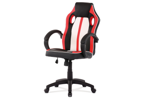 Herní židle, červená, bílá a černá ekokůže, houpací mechanismus