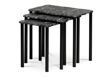 Přístavné a odkládací stolky, set 3 ks, deska černý mramor, kovové nohy, černý m