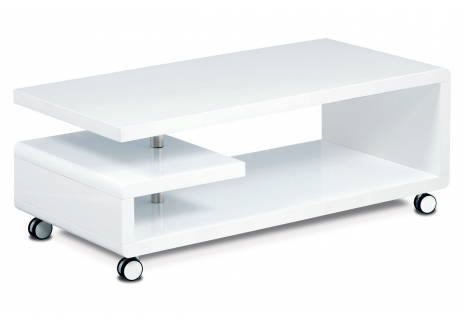 Konferenční stolek 115x60x45, bílá MDF vysoký lesk, chrom, 4 kolečka