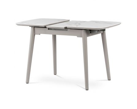 Jídelní stůl 110+30x75 cm, keramická deska bílý mramo, šedý vysoký lesk