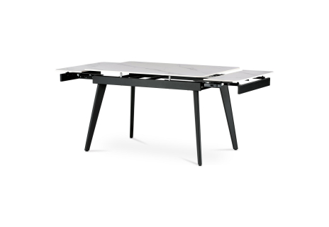 Jídelní stůl 120+30+30x80 x 76 cm, keramická deska bílý mramor, kov, černý matný lak