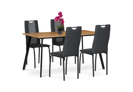 Jídelní set 1+4, stůl 150x80 cm, MDF, dekor medový dub, kov - černý lak, židle potah šedočerná látka a šedá ekokůže, kov