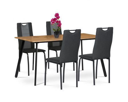 Jídelní set 1+4, stůl 150x80 cm, MDF, dekor medový dub, kov - černý lak, židle potah šedočerná látka a šedá ekokůže, kov
