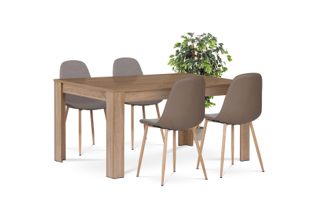 Jídelní set 1+4, stůl 160x90 cm, MDF, dekor dub sonoma, židle potah cappuccino látka a ekokůže, nohy kov, dekor dub