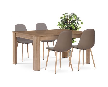 Jídelní set 1+4, stůl 160x90 cm, MDF, dekor dub sonoma, židle potah cappuccino látka a ekokůže, nohy kov, dekor dub