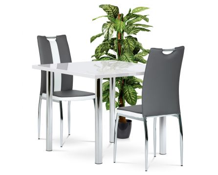 Jídelní set 1+2, stůl 90x90 cm, bílý vysoký lesk, kov - chrom, židle potah šedá a bílá ekokůže, kov - chrom