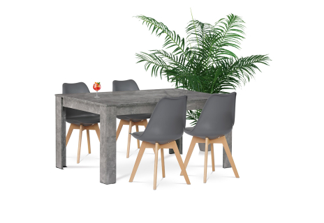 Jídelní set 1+4, stůl 160x90 cm, MDF, dekor beton, židle šedý plast, šedá ekokůže, nohy masiv buk, přírodní odstín