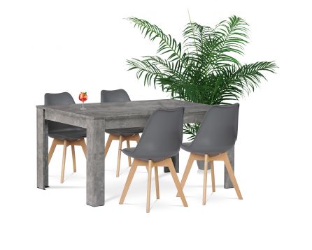 Jídelní set 1+4, stůl 160x90 cm, MDF, dekor beton, židle šedý plast, šedá ekokůže, nohy masiv buk, přírodní odstín