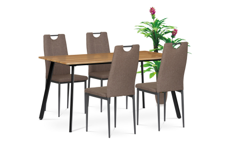 Jídelní set 1+4, stůl 150x80 cm, MDF, dekor medový dub, kov - černý lak, židle potah hnědá látka, kov - antracitový lak