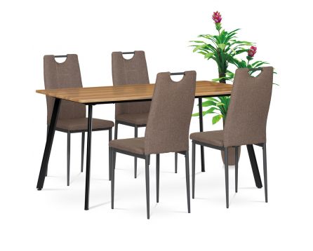Jídelní set 1+4, stůl 150x80 cm, MDF, dekor medový dub, kov - černý lak, židle potah hnědá látka, kov - antracitový lak