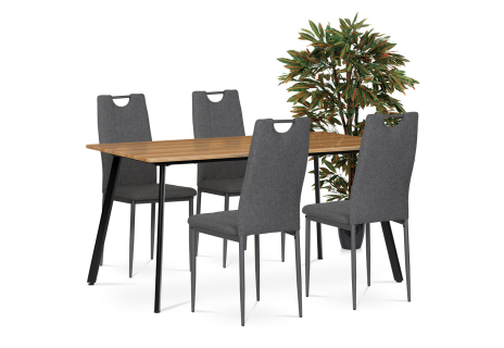 Jídelní set 1+4, stůl 150x80 cm, MDF, dekor medový dub, kov - černý lak, židle potah šedá látka, kov - antracitový lak