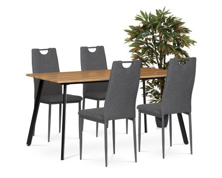 Jídelní set 1+4, stůl 150x80 cm, MDF, dekor medový dub, kov - černý lak, židle potah šedá látka, kov - antracitový lak