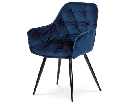 Jídelní židle, potah modrá sametová látka, kovová 4nohá podnož, černý lak