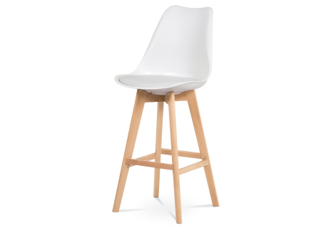 Barová židle, bílá plast+ekokůže, nohy masiv buk