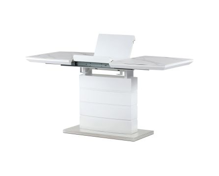 Jídelní stůl 110+40x70 cm, keramická deska bílý mramor, MDF, bílý matný lak