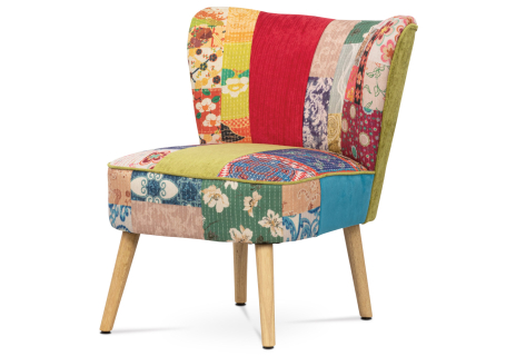 Francouzské křeslo, potah látka patchwork, dřevěné nohy, masiv kaučukovník