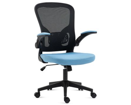 Kancelářská židle, černý plast, modrá látka, sklápěcí područky, kolečka pro tvrdé podlahy