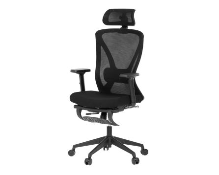 Židle kancelářská, černá MESH, plastový kříž, opěrka nohou, posuvný sedák, 2D područky